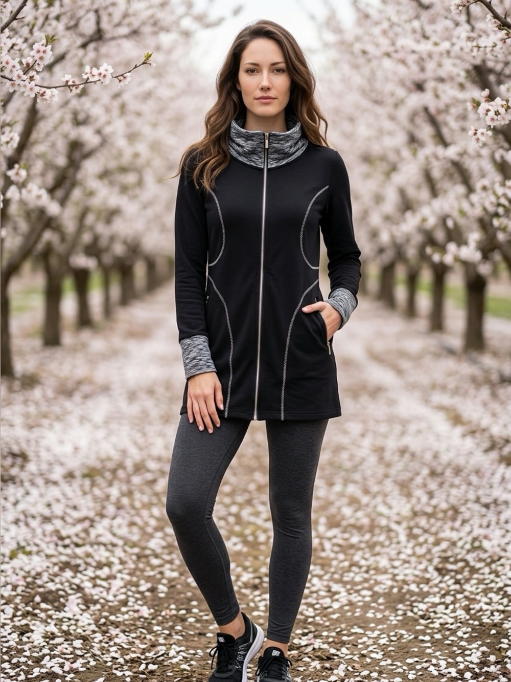 Dzhavael Couture. Black athletic long Zip Jacket with Marled Gray Collar & Cuffs